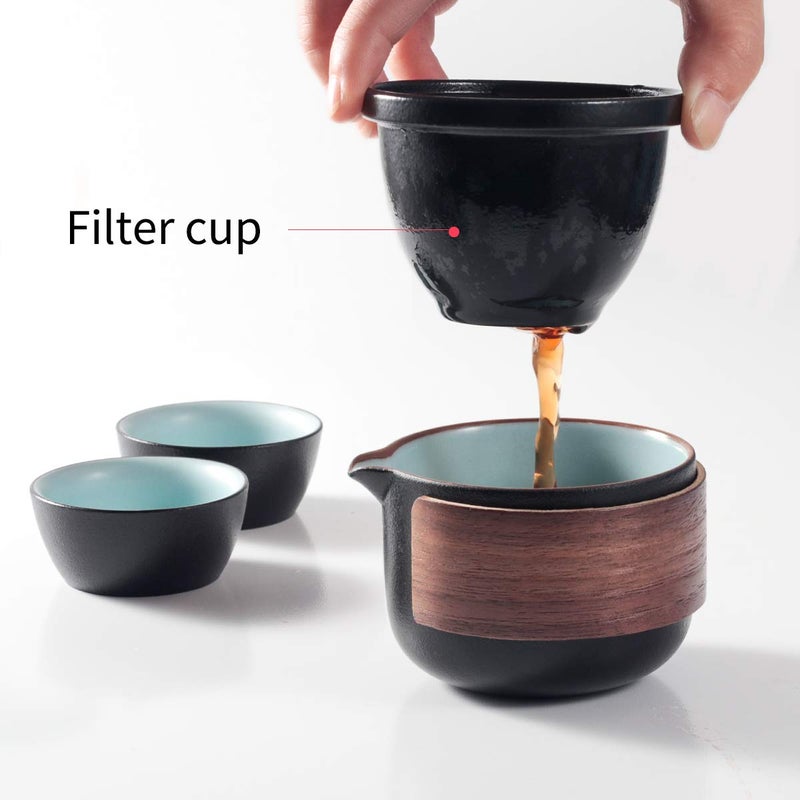 Dltsli Mini Travel Ceramic Tea Pot Set Chinese Kung Fu Teapot, 1 Pot 2 Cups Porcelain Teacups with Tea Infuser Portable Bag for Outdoor Picnic (Black) - Image 4